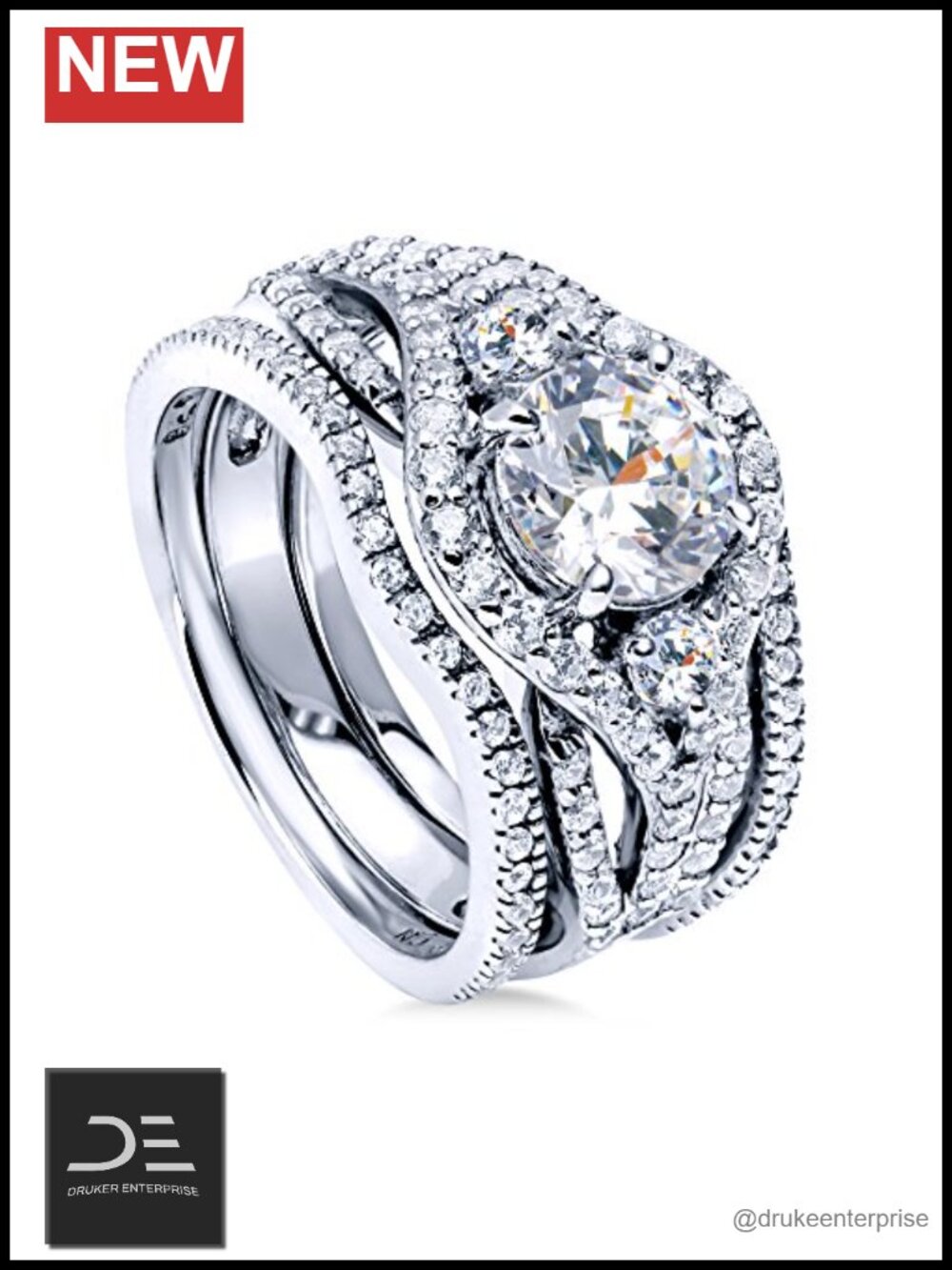 Sterling Silver 3-Stone CZ Wedding Engagement Ring Set Stackable